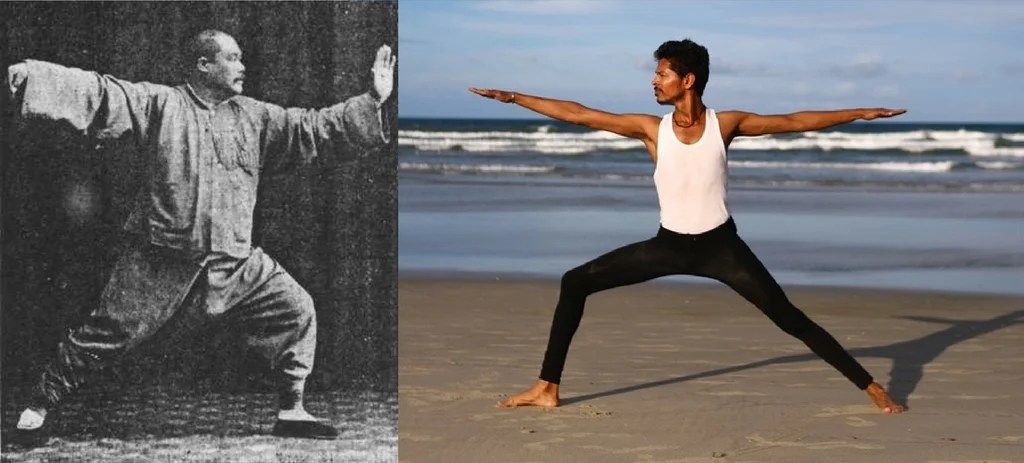 Yang Tai Chi Master in Virabhadrasana II (Warrior Pose 2) and a Yogi performing Single Whip Technique